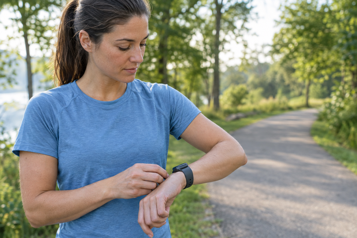 A runner adjusts a smartwatch strap before a workout beside a tree-lined park trail in soft morning light.